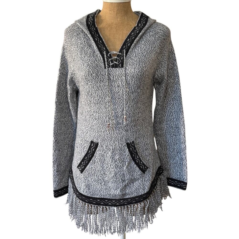 Alpaca Imports Boho Gray Handmade in Peru Knit Sweater Hoodie Small Fringe EUC